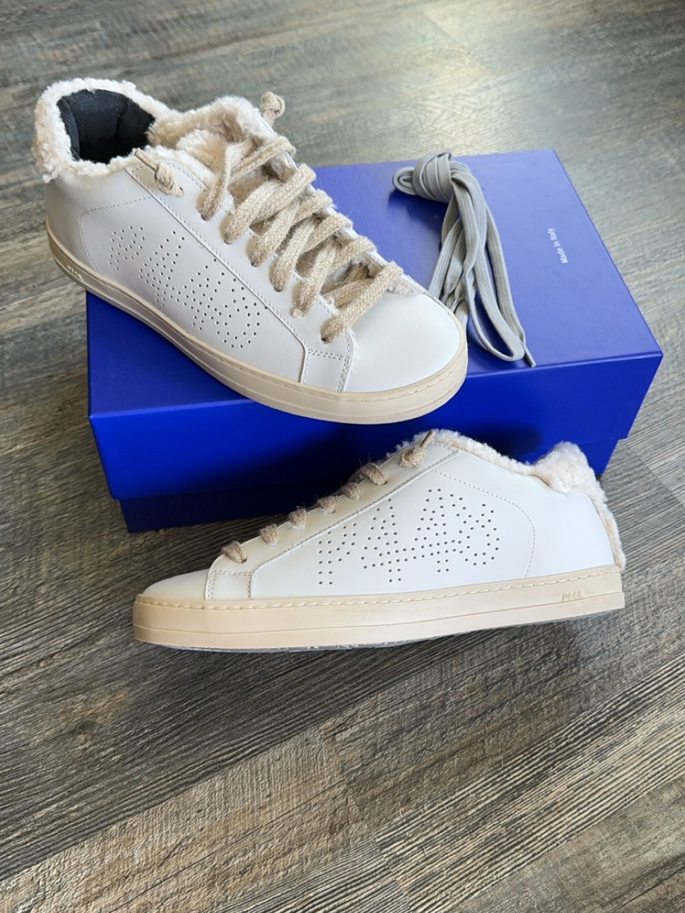 P448 Women’s White & Cream Fur-Trim Leather Sneakers